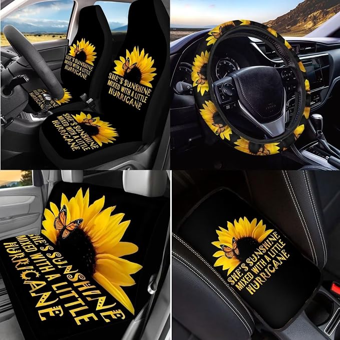BIGCARJOB Sunflower Car Accessories Set 15 Pack She's Sunshine Sunflower Car Seat Covers Full Set,Sunflower Car Headrest Cover,Steering Wheel Cover,Car Trash Can,Seat Belt Pads