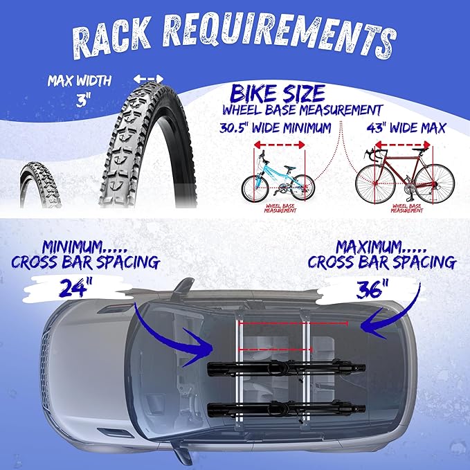 Heavy Duty Car Roof Bike Rack: Collapsible Bicycle Carrier with Tire Support Arches, Fits Cross Bars for Kids to Pro Use, Ideal for Car, Van, or Truck Roofs.