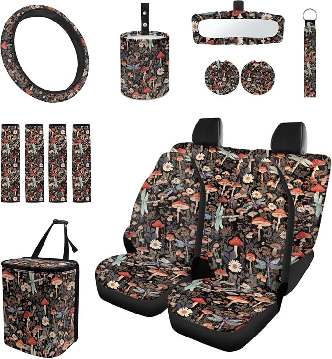 Mushroom Dragonfly 15Pcs Car Seat Cover Full Set Car Steering Wheel Cover Seat Belt Cover Trash Bin Front Rear View Mirror Car Cup Holder Keychain