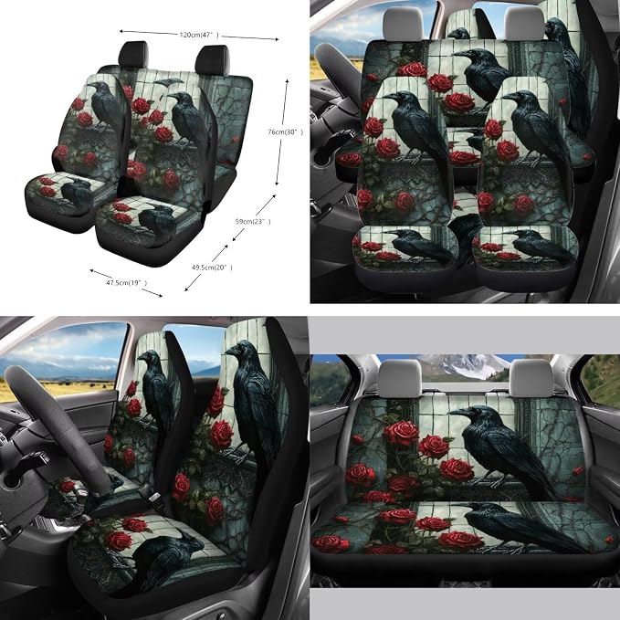 Crow Rose Print Car Accessories Set of 10, Front/Back Seat Cover, Auto Trash Can, Steering Wheel Cover, Cup Coasters, Keychain, Air Vent Pocket Bag Fit for Most Cars