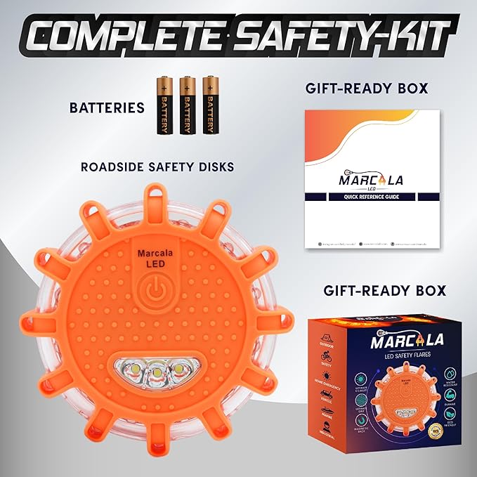Marcala LED Road Flares 1-Pack | DOT Compliant LED Road Flares Car Emergency Kit | Emergency Flares w/Batteries Installed | Emergency Roadside Lights | 9 Flashing Modes to Get Noticed a Mile Away!