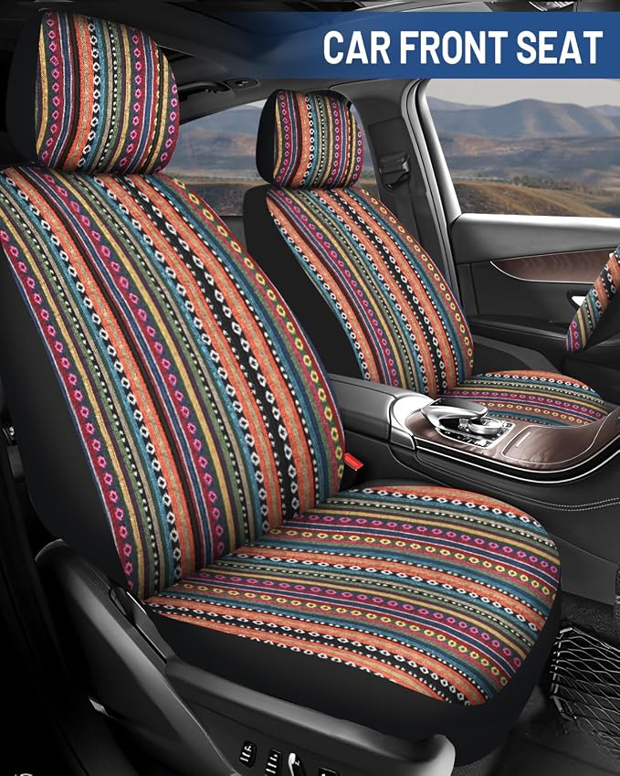 Baja Saddle Blanket Car Seat Covers Full Set with Seat Belt Pads and Steering Wheel Cover, Washable Breathable Striped Woven Cloth Seat Covers for Cars, SUV, Truck, Large Size(Orange)