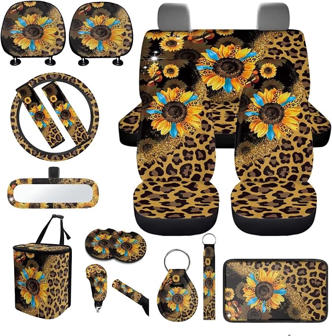 Leopard Sunflower Print Car Seat Covers Full Sets of 18 Pack Sunflower Print Car Interior Accessories Sets with Belt Pads Cover Car Headrest Covers Auto Trash Bag Steering Wheel Cover