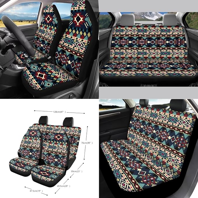Wanyint 15 PCS Car Seat Covers Set for Women, with Steering Wheel Rear View Mirror Cover Seat Belt Pads Trash Bin Sunglass Pocket Coasters Key Chain Car Accessories, Southwest Aztec Dark Blue Red