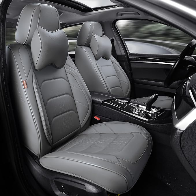 TIEHESYT Grey Car Seat Covers Front Pair, Breathable Leather Automotive Front Seat Covers & Headrest for Reduce The Driving Fatigue, Compatible with Most Cars Sedans SUV Pickup Trucks