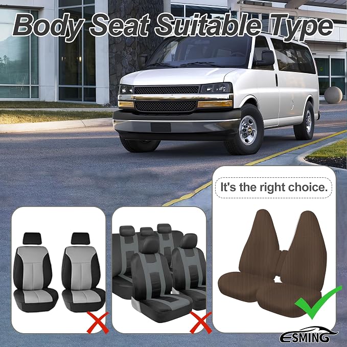 ESMING Front Heavy-Duty Oxford Fabric Seat Covers for Chevy Express 1996-2025 Front Bucket Seats Waterproof and Wear-Resistant, Easy to Install - Brown