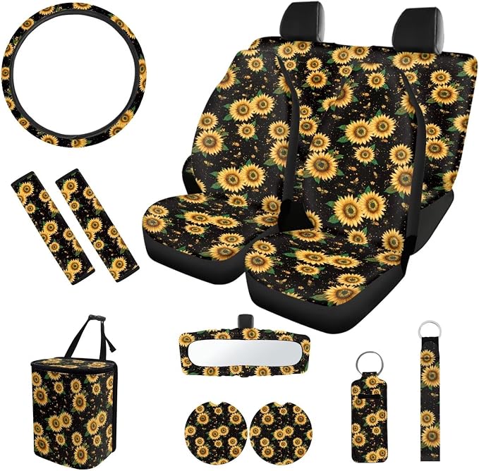 Sunflower Print Car Seat Covers Full Set with Steering Wheel Cover Car Seat Belt Cover Rear View Mirror Cover Car Trash Can Car Coasters Wristlet Keychain Keychains，Set 12 Pcs