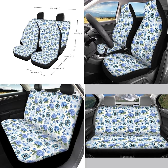 Xoenoiee Butterfly Mandala Hydrangea Floral Print 11 Pack Universal Car Seat Covers Front & Rear Car Interior Accessories with Steering Wheel Cover, Seat Belt Pads, Cup Coaster, Key Chains