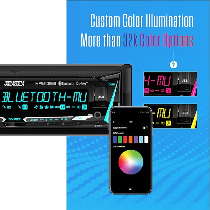 JENSEN MPR210RGB | 12-Character LCD Single DIN Car Stereo | RGB Custom Colors | Bluetooth Hands Free Calling & Music Streaming | Push to Talk Assistant | AM/FM Radio | USB Playback & Charging