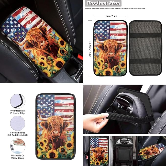 Highland Cow Sunflower American Flag Car Seat Cover Full Set 12 Pcs,Universal Fit 15 Inch Polyester Steering Wheel Cover Seat Belt Pads Armrest Cushion Keychain Car Coaster Automotive Interior