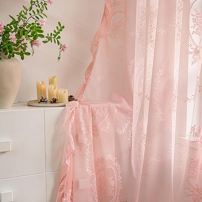 Sutuo Home Pink Lace Curtains 96 Inches Long 2 Set, Sheer Panels Rose Floral Embroidery Ruffled Vintage Voile Window Treatment Pair for Girl's Bedroom Living Room, Rod Pocket, W57 x L96