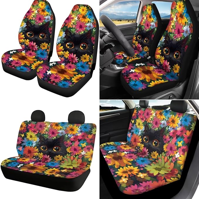 18Pcs Cute Cat Car Seat Cover Sets Full Set Hippie Center Console Cover+Steering Wheel Protector+Seat Belt Covers+Handbrake Protector+Car Cup Mats+Keychain+Headrest Covers Universal fit