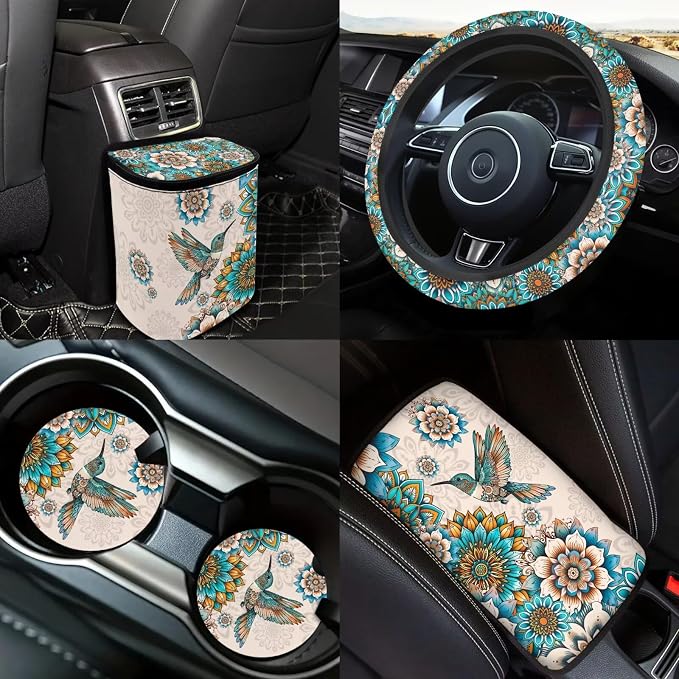 18 Pieces Car Seat Covers Full Sets Hummingbird Car Interior Accessories Sets with Mandala Lotus Car Seat Belt Pads Cover Anti Slip Steering Wheel Cover Auto Trash Can Car Headrest Covers