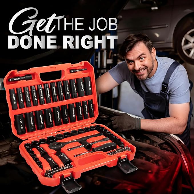 DIYSELF 3/8" Drive Socket Set, 95-Piece Impact Socket Set, SAE & Metric, Cr-V Steel 6-Point Deep & Shallow Sockets, Adapters, Ratchet Handle, Bits, Spark Plug Socket, Socket Wrench Set for Mechanic