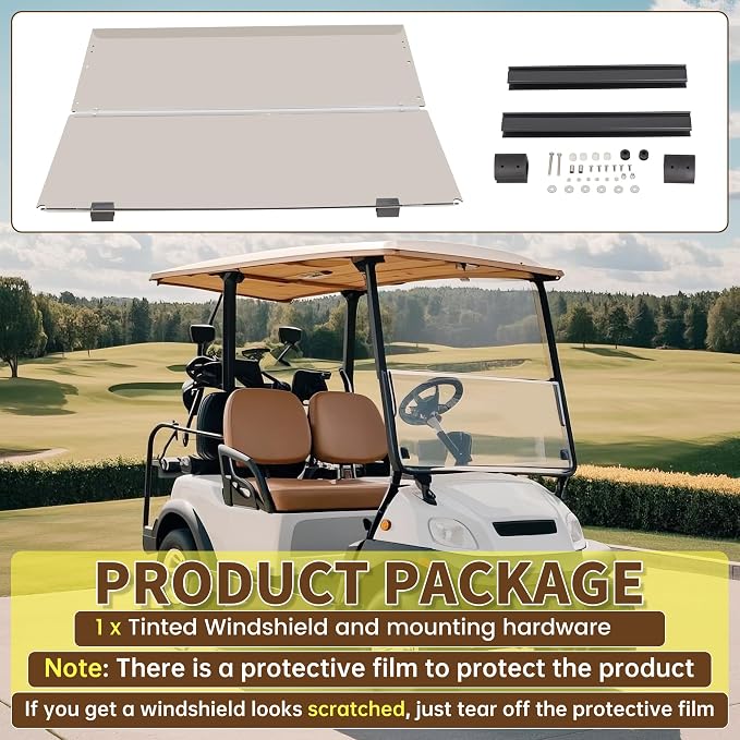 ECOTRIC Tinted Windshield Compatible with 2007-2016 Yamaha Drive G29 Gas or Electric Models Folding Down Impact Resistant 38.75"W x 35.75"H