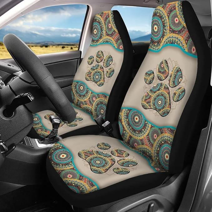 BIGCARJOB 12 Pack Boho Style Car Seat Cover Full Set,Hippie Paw Print Steering Wheel Covers,Universal Seat Belt Pads,Armrest Cover,Cup Holder,Woman Girly Car Interior Accessories Set