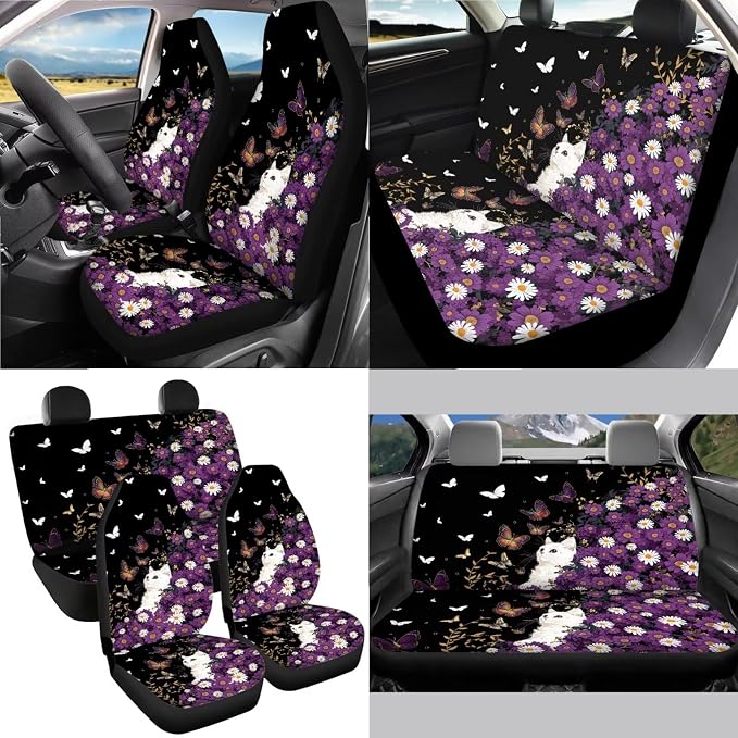 Cat Daisy Butterfly Print Auto Seat Covers Full Set, Car Accessories Set of 13, 1 Piece Steering Wheel Cover,4 Pieces Seat Belt Cover, 4 Pieces Cup Holder Coasters for Women Men
