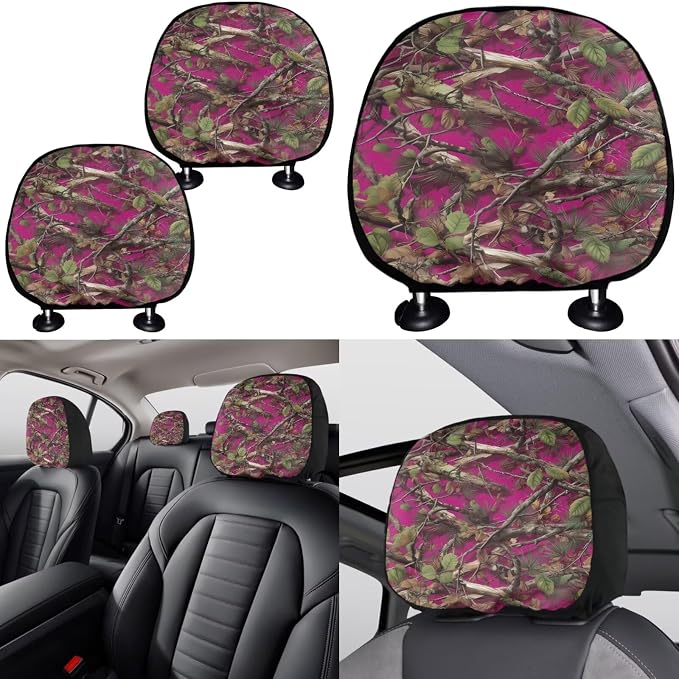 KEIAHUAN Car Seat Covers for Women Pink Hunting Camo Design with Handbrake & Gear Shift Cover,Headrest Covers,Steering Wheel Cover,Cup Coasters Fits Most SUV,Sedan,Truck
