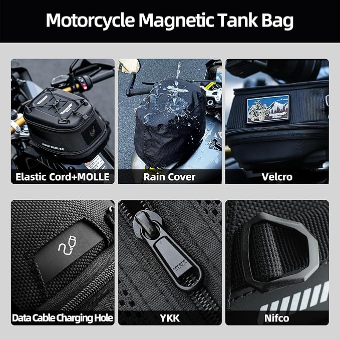 Motorcycle Tank Bag Magnetic Quick Release 5–6.5L Expandable Motorbike Fuel Tank Bag with Lock, Waterproof Storage Backpack with Rain Cover (Brown)