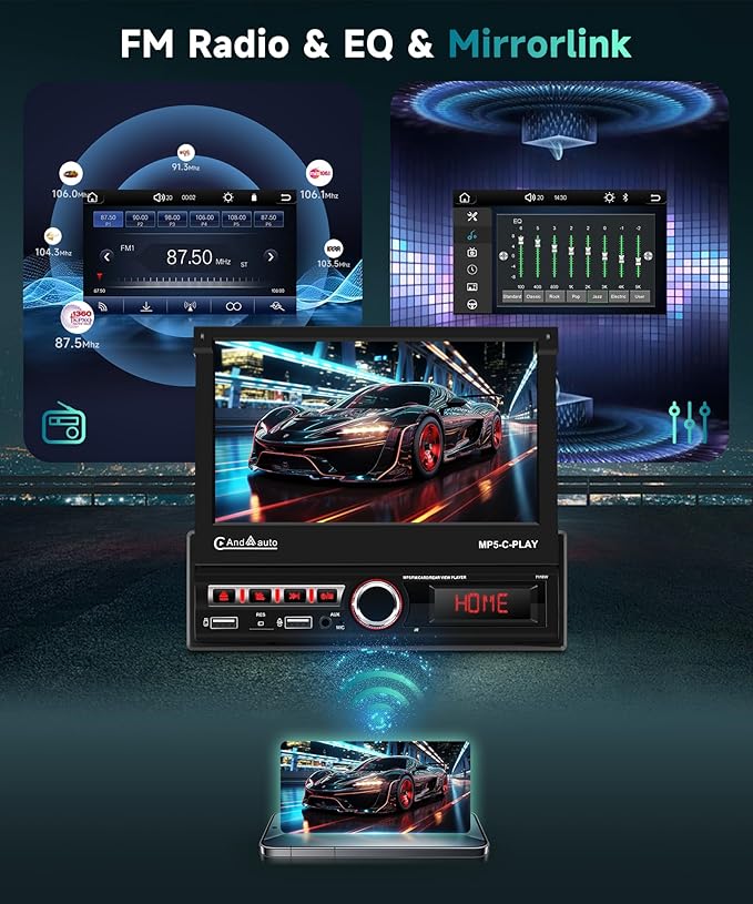 Single Din Car Stereo with Wireless Carplay Android Auto, 7" Motorized Flip Out Touchscreen Bluetooth Upgrade Car Radio with Mirror Link FM Dual USB/AUX/SD Card Ports Mic Rear View Camera