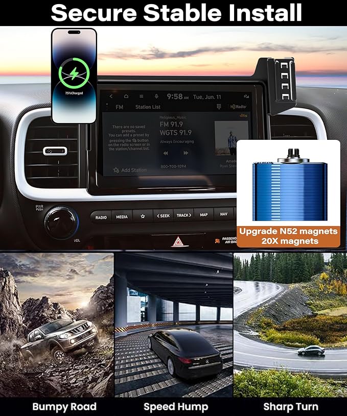 Car Phone Holder for Hyundai Venue 2020-2025 Accessories Apply to 8 Inch Touchscreen 15W Fast Wireless Charger Screen Fixed Clip HandsFree Cell Phone Mount 360° Rotation