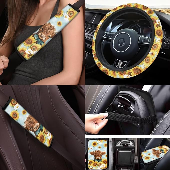 Highland Cow Car Seat Covers Full Sets 17 Pack Sunflower Car Accessories Set with Auto Front Rear Foot Carpet,Sunflower Seat Belt Shoulder Pad,Steering Wheel Covers,Cup Mats,Universal Fit