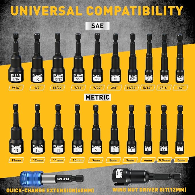 22-Piece Magnetic Nut Driver Set, Metric & SAE (5-13mm & 1/4"-9/16"), 65mm Long, 1/4" Hex Shank Drill Socket Set, Wing Nut-Driver Bit, Quick-change Extension, Magnetic Aluminum Storage Rail