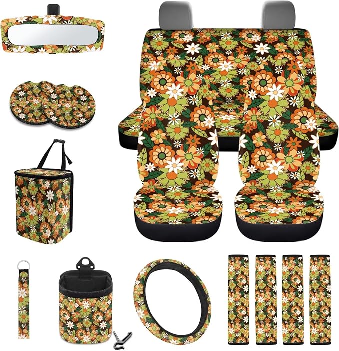 Hippie Daisy Pattern 15 Pieces Car Seat Cover Steering Wheel Cover, Seat Belt Covers Car Trash Can Cup Holders Keychain Air Vent Bag for Truck Vans Sedans