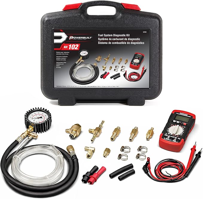 Powerbuilt Fuel System Diagnostic Kit, Pressure Test Gauge, Electrical System Issues, Adapters, Test Leads, Multimeter, Storage Case - 647959