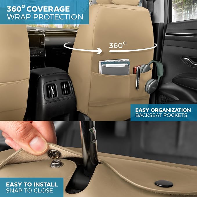MotorBox Prestige Edition Faux Leather Seat Covers for Cars, Trucks, & SUV – 2 Beige Car Seat Covers for Front Seats - Universal Fit Car Accessories Automotive Interior Protector for Most Vehicles