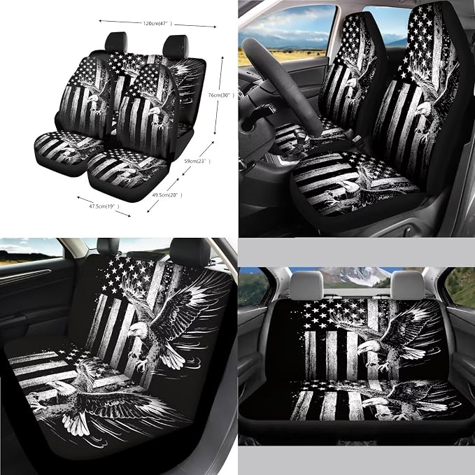Eagle Print Car Interior Cover Set American Flag Print Car Front and Rear Seat Covers Steering Wheel Cover Armrest Pad Safety Belt Pads Rear View Mirror Protector, 14Pcs