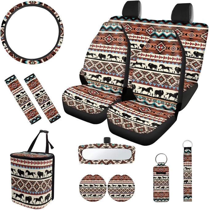 Western Nations 12 Pack Car Accessories Set Steering Wheel Cover Car Seat Belt Cover Trash Can Rear View Mirror Cover Cup Coasters Keychain Holder Keychains
