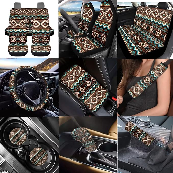 Dreaweet South Western Aztec Car Seat Covers Full Set with Steering Wheel Cover Armrest Covers Seat Belt Pads Cup Holders Gear Shift Cover Handbrake Cover,12 Pcs,Universal Car Accessories Decor