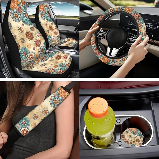 Bulopur Boho Dahlia Floral Vehicle Seat Covers Full Set with 15 Inch Steering Wheel Cover Center Console Cushion Seat Belt Covers Coasters Automotive Interior Decor Set 14 PCS