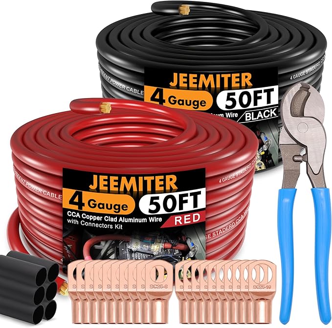 Jeemiter 4 AWG Amplifier Wiring Kit with Free Cable Cutter - 50ft Red & 50ft Black (100ft Total) | Big Power & Ground Cable for Stereo, Big 3 Upgrade, Solar