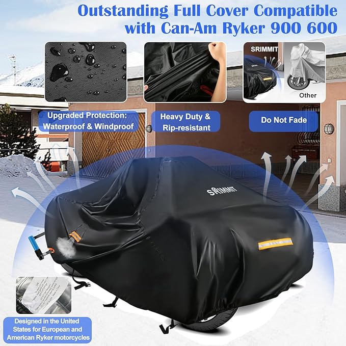 Heavy Duty 420D 3-Wheel Motorcycle Full Cover Waterproof, fits 3‑Wheel Motorcycle Models, Suit for Can‑am Ryker 600/900/Sport/Rally Edition,Upgraded Rain Snow Protection Cover with Waterproof Strips