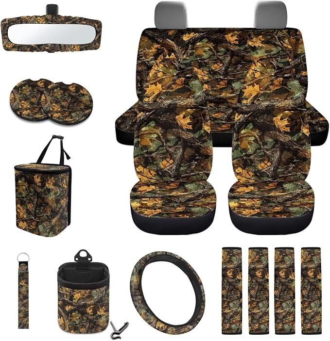 Green Leaf Camo Pattern Car Seat Covers Full Set Steering Wheel Cover Trash Can Air Vent Storage Bag Seatbelt Covers Rearview Mirror Cover Cup Coasters 15pcs Car Interior
