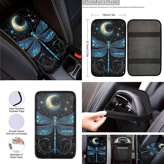 8 Pcs Moon Dragonfly Car Seat Covers Full Set Car Accessories for Women Front Seat Cover Steering Wheel Armrest Cover Seat Belt Cover for Auto SUV Interior Decoration