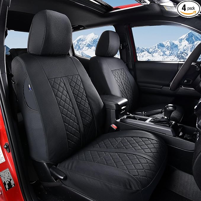 Truckiipa 2 Front Tacoma Seat Covers Leather Car Seat Covers Waterproof Truck Seat Cushion Protector Covers Fit for 2016-2023 Toyota Tacoma Double Crew Cab, Front Pair, Black