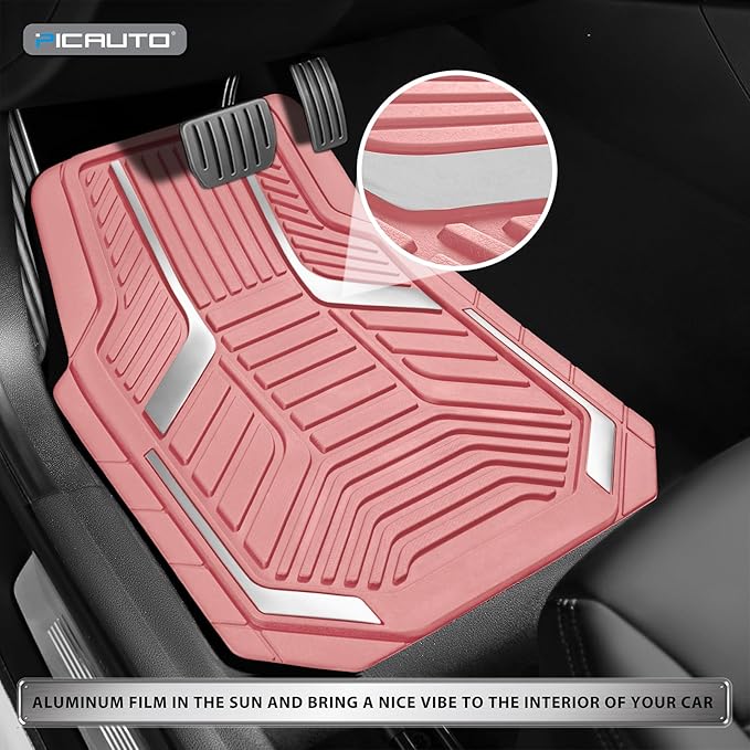 PIC AUTO Heavy Duty Pink Rubber Floor Mats, Silver Aluminum Film Car Mats Set, Front and Rear Car Mats with Anti-Slip Backing, All Weather Protection, Trim-to-Fit for Automotive SUV, Sedan, Van