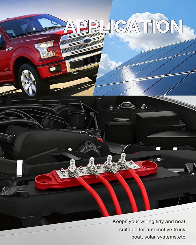 Bus Bar 12V 150A Power Distribution Block 4 x 5/16"(M8) Studs Marine Bus Bar Battery Bus Bar with Cover for Marine Car RV Solar Wiring (Pair, Red & Black)