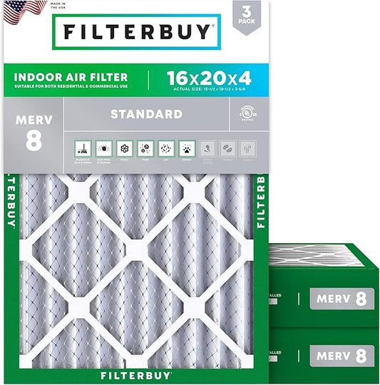 Filterbuy 16x20x4 Air Filter MERV 8 Essential Dust & Allergy Defense (3-Pack), Electrostatic Pleated HVAC AC Furnace Filters Replacement (Actual Size: 15.50 x 19.50 x 3.63)