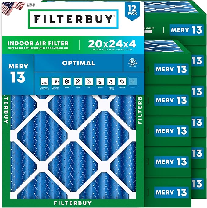 Filterbuy 20x24x4 Air Filter MERV 13 Optimal Smoke & Allergy Defense (12-Pack), Electrostatic Pleated HVAC AC Furnace Filters Replacement (Actual Size: 19.38 x 23.38 x 3.63)