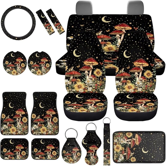 Mushrooms Car Seat Covers Full Set 17 Pack for Women Star Moon Mushrooms Car Accessories Set with Car Mats Full Set Steering Wheel Auto Covers Seat Belt Cover Pad Lip Balm Keychain Holder