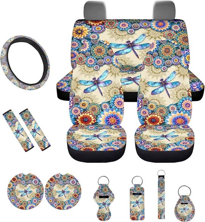 Boho Mandala and Dragonfly Pattern Car Accessories Car Seat Covers Full Set with Steering Wheel Covers+Seat Belt Pads+Coasters+Keychain+Lipstick Holder Universal Fit(13 Pack)