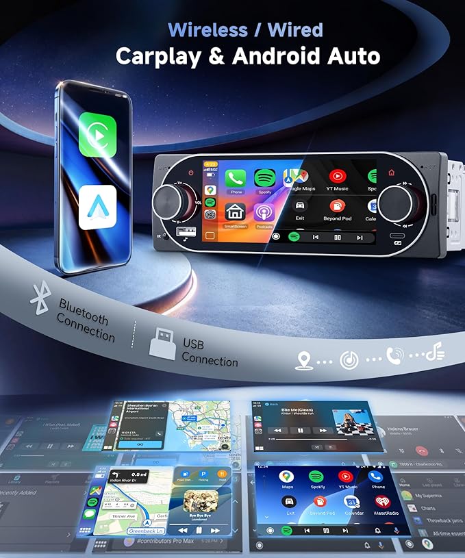 Single Din Car Stereo with Wireless A-pple Carplay Android Auto, 5.1" Incell Touch Screen Car Radio 1 Din with Backup Camera Car Audio Receiver, Support Mirror Link Bluetooth FM USB EQ SWC
