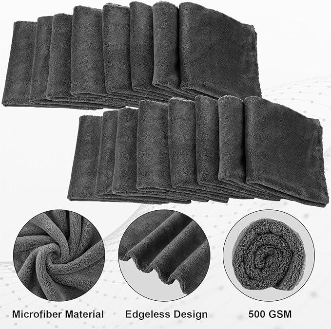 Shimeyao 20 Pcs 16 x 16 Inch Edgeless Microfiber Plush Towels for Cars Detailing Drying Wash Polishing Absorbent Cleaning Cloths, 500 GSM (Gray)