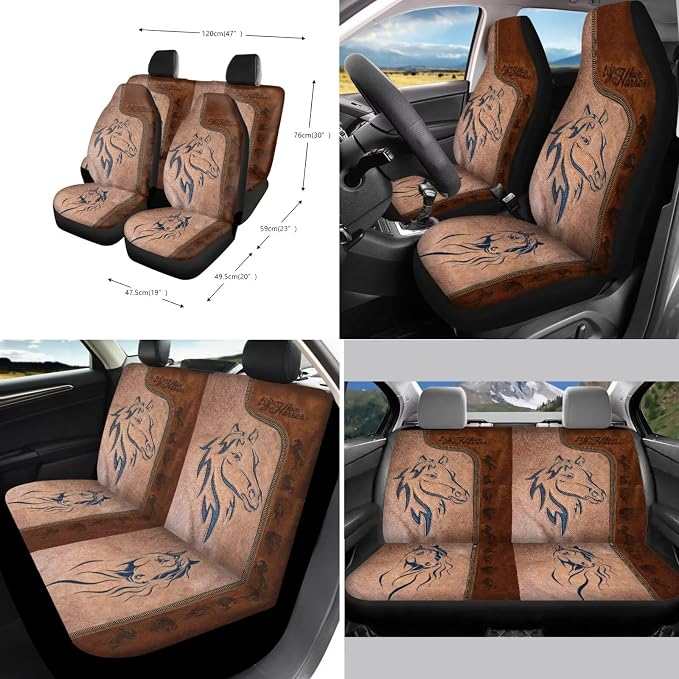 Suobstales Aztec Horse Print Car Seat Covers 11 Pcs American Tribal Car Accessories Interior Set Gifts Front Rear Split Seats Protectors with Steering Wheel Cover,Seatbelt Pads,Cup Holder,Keychain