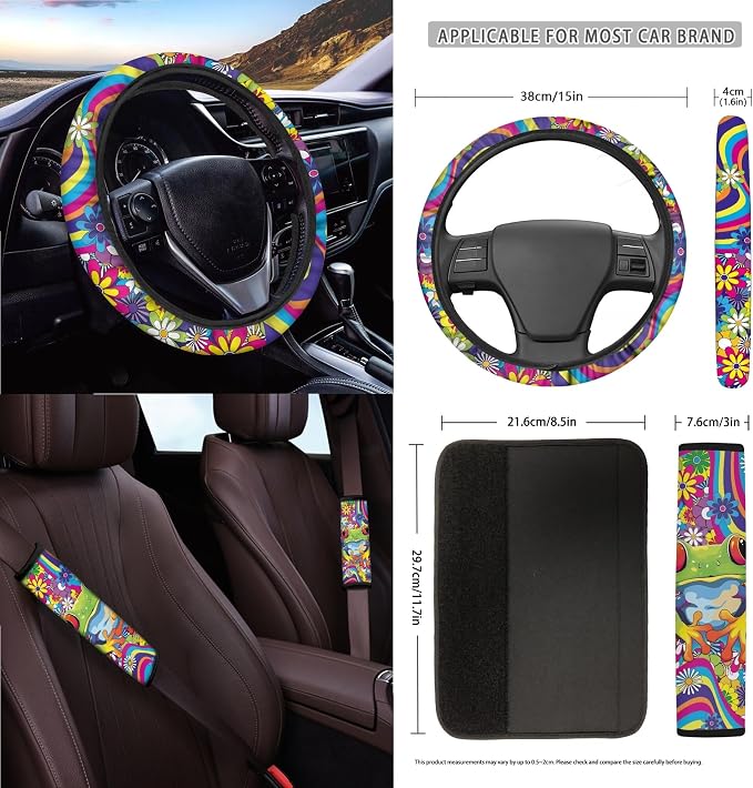 Hippie Frog Floral Print 15 Pack Car Seat Cover Set with Seatbelt Strap Pad Steering Wheel Covers Air Vent Storage Holder Coasters Trash Cans Rear View Mirror Cover Keychain