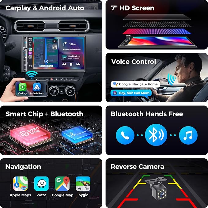 7" Double Din Car Stereo, Wireless Apple Carplay & Android Auto, HD Touchscreen, Bluetooth, 240W, SWC, Subwoofer Output, FM/AM, Mirror Link, Backup Camera, Car Radio Receiver